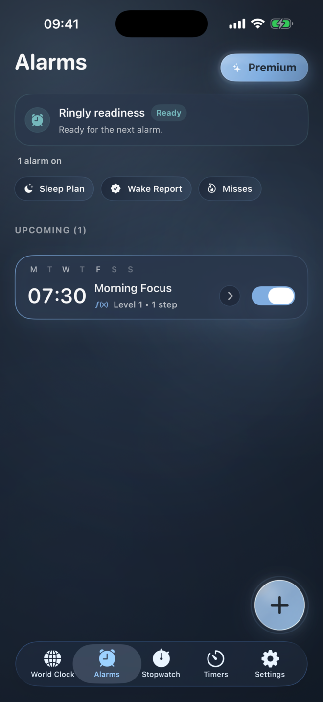 Ringly alarm home screen with readiness and upcoming alarm.