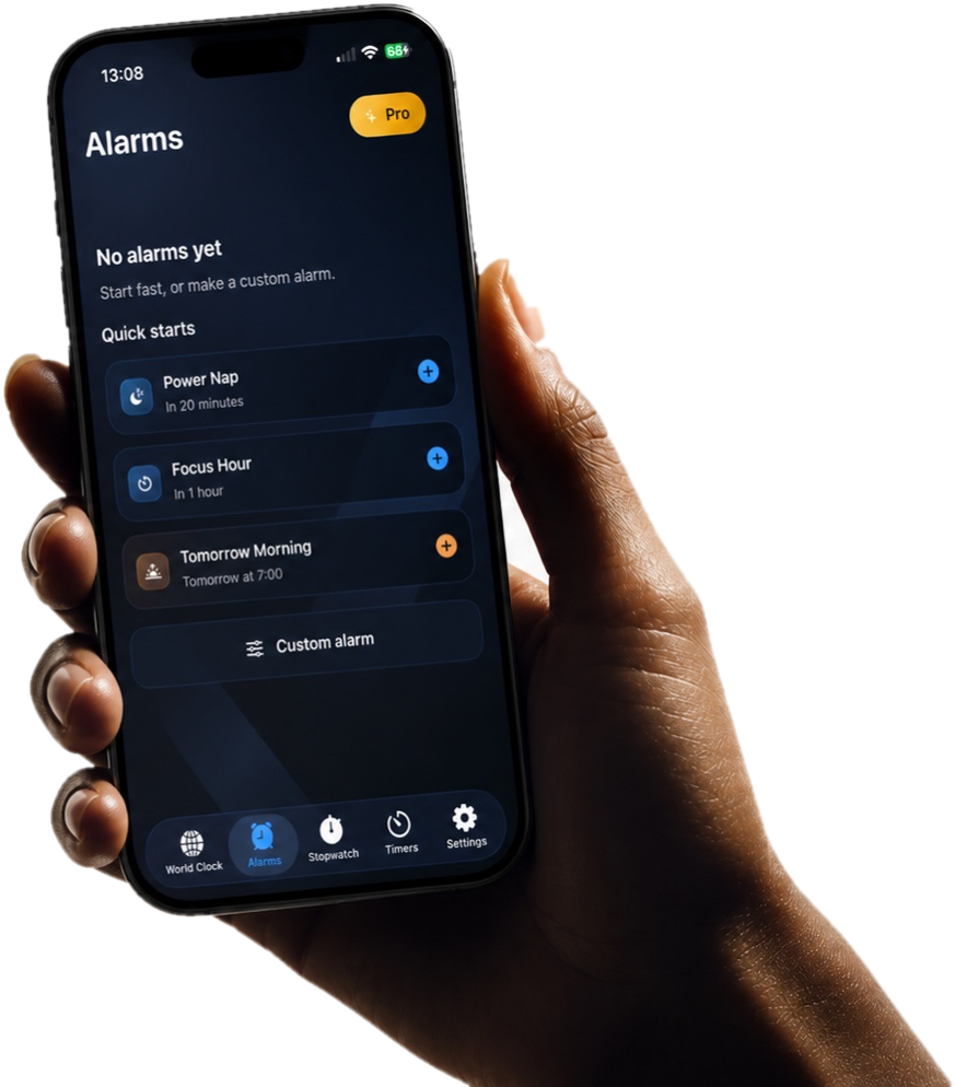 Ringly alarm screen shown on a hand-held iPhone render.