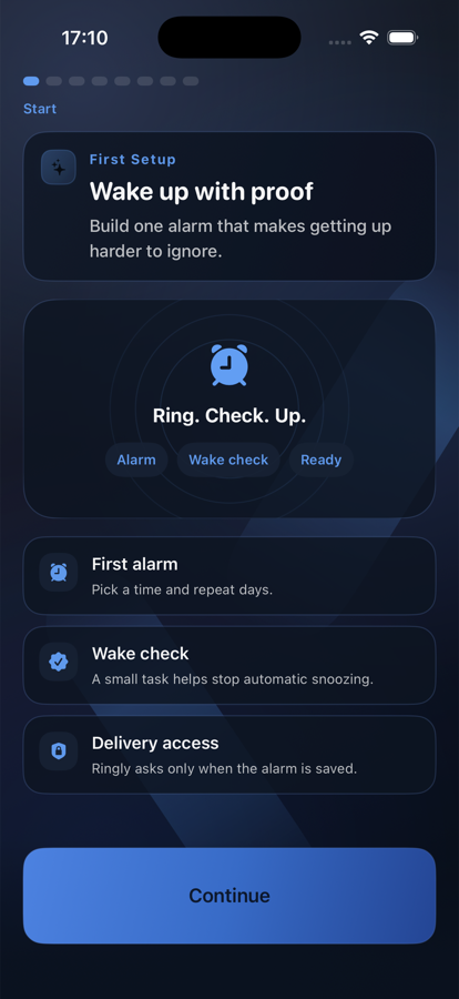 Current Ringly onboarding screen explaining wake-up proof and readiness steps.